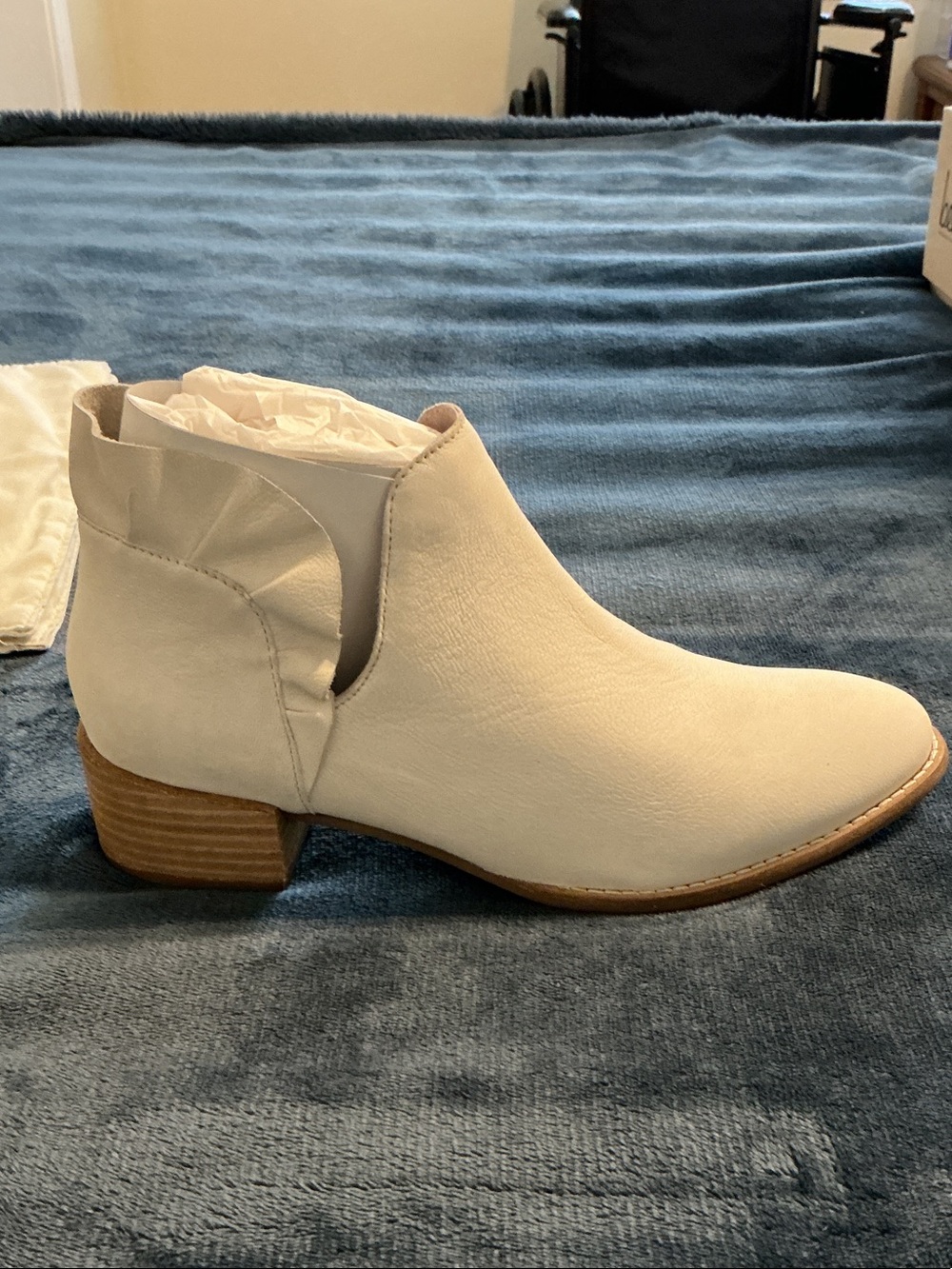 Seychelles Cream Ankle Bootie with Low Stacked Heel and Ruffle Detail